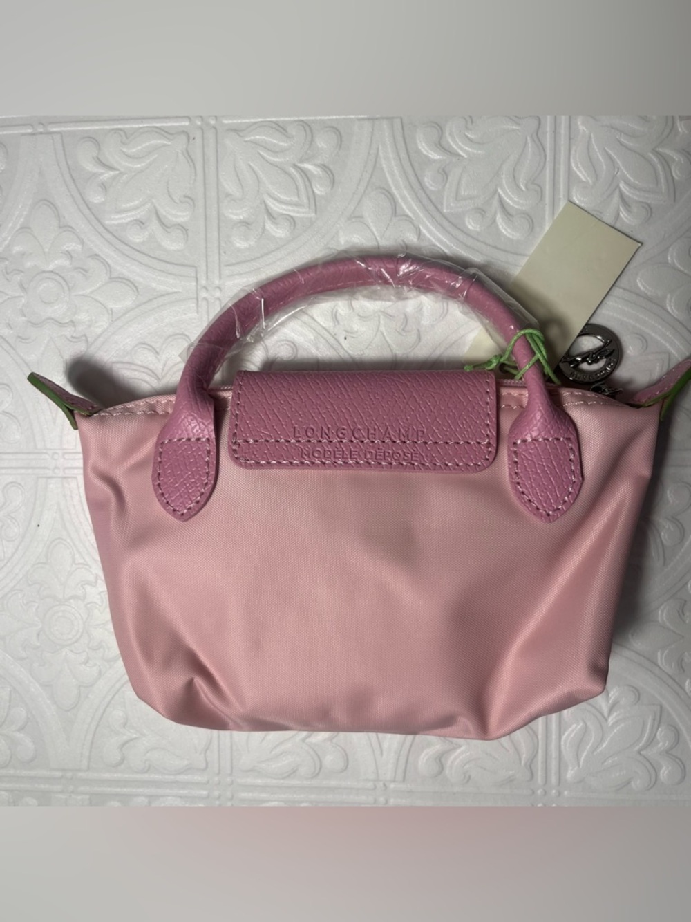 NWT Longchamp LE PLIAGE ORIGINAL POUCH WITH HANDLE Pink Tea Pink Leather Canvas - Picture 7 of 11
